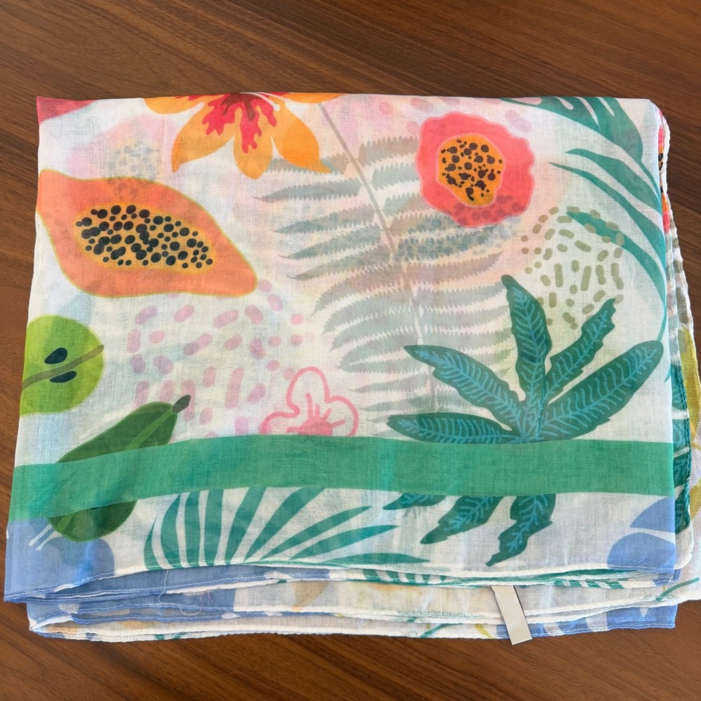 Tropical Fruit Floral‎ Print Scarf Green Border Lightweight Summer Wrap - Picture 3 of 3